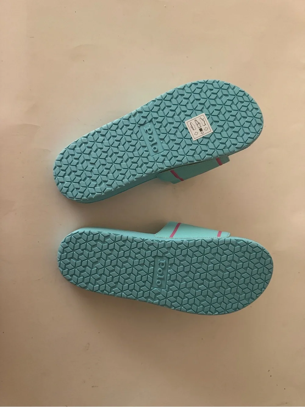 Polo Ralph Lauren Aqua Slide Sandals with Pink Logo. Size: 7
